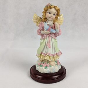 Angel Holding Bluebird On Wooden Base